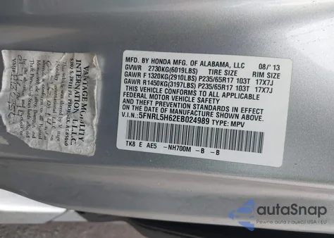 2014 Honda Odyssey Ex-L z USA, uszkodzony, nr VIN 5FNRL5H62EB024989
